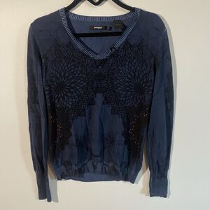 Desigual Sweater Women's Medium Dark Navy Beaded Designer Long Sleeve V-Neck
